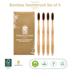 Paramexview® Natural Bamboo Toothbrushes Set of 4 | BPA-Free Medium Bristles, Eco-Friendly | Biodegradable Handle, Charcoal Infused and Organic Base