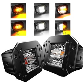 FEELON 2 Pack 5 Inch Flush Mount LED Pods 6 Modes Amber/White Flashing Strobe Fog Lights Offroad Backup Reverse Grill Mount Light with Switch Wiring Harness for Truck