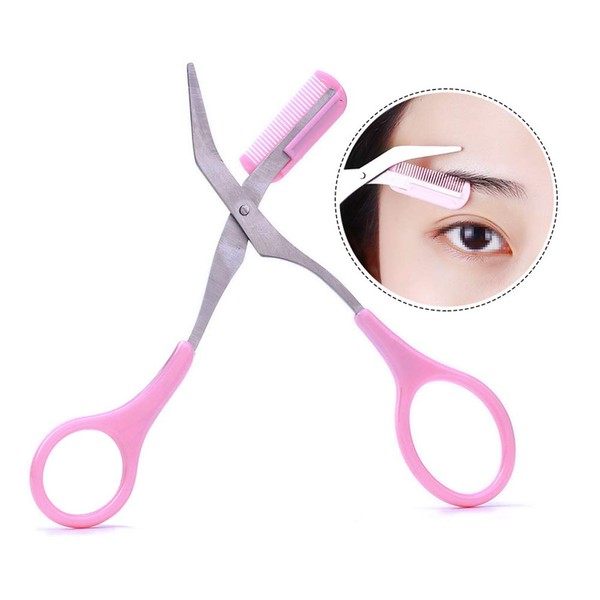 Pink Eyebrow Trimmer Scissors with Comb Non Slip Finger Grips