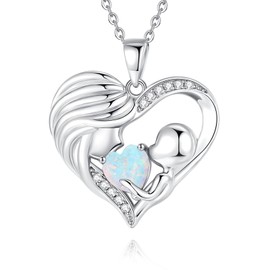 FANCIME Mum Birthstone Necklace Opal Mother and Child Love Heart Necklace I Love You Mum Gifts Mother's Day Gifts October Jewellery Gifts for Grandmother Mum Wife, 16"+2" Inches