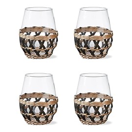 TAG Perfectly Clear Island 16 ounce Glass Stemless Wine Tumbler with Black Lattice Sleeve Set of 4