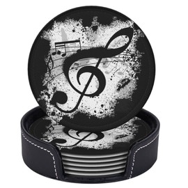 Niukom 6 Pcs Music Note Leather Coasters for Drinks with Holder Coaster Sets Drink Table Cup Coasters for Living Room Kitchen Coffee Decor