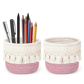 Pack of 2 Brush Holders, Braided Baskets, Storage Baskets, Cosmetic Brush Containers, Brush Holder Cosmetics, Boho Basket, Mini Make Up Container for Storage of Makeup Brushes, Eyeliners (Pink)