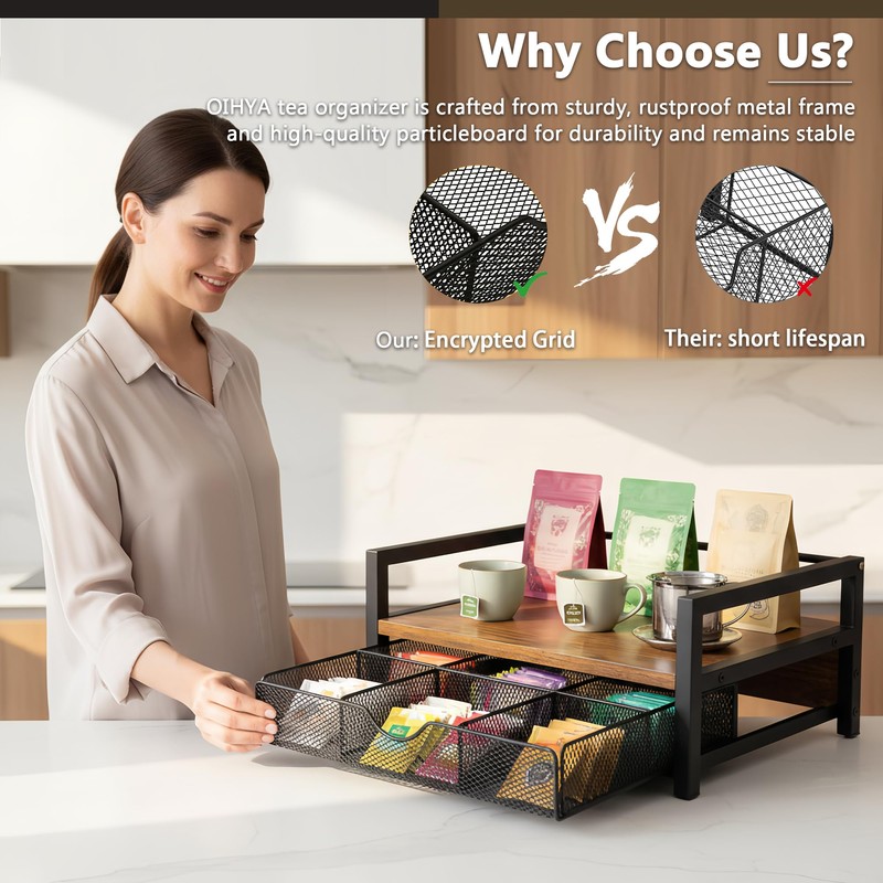 OIHYA Tea Bag Organizer with 6 Compartments Storage Drawer for
