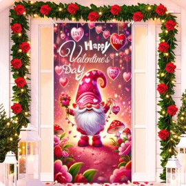 BlissYard Happy Valentine's Day Door Cover 71x35in Gnome Door Hanging Banner Cute Pink Heart Backdrop Front Door Sign Banner For Wedding Memorial Day Party Indoor Outdoor Party Decorations