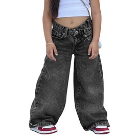 rrhss Girls Flare Jeans Crossover Waisted Wide Leg Jeans Denim Pants for Kids Grey