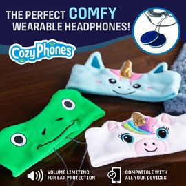 CozyPhones Over The Ear Headband Headphones - Kids Headphones Volume Limited with Thin Speakers & Super Soft Fleece Headband - Green Frog