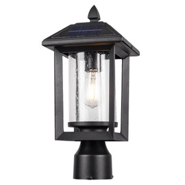 Solar Lamp Post Light, Solar Post Lights Outdoor, Waterproof Anti-Rust Black Post Lights with Seeded Glass, LED Solar Powered Lamp for Front Door, Porch, Garage, and Patio （Bulb Included） SR012-P