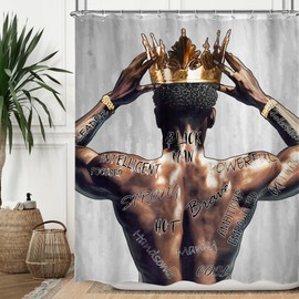Omifly Black Man Shower Curtain 60Wx72H Inch African American King Modern Positive Motivational Inspirational Quotes Crown Cool Boys with 12 Plastic Hooks Fabric Waterproof Toilet Accessories Decor