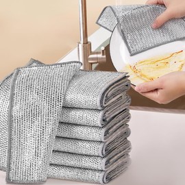 6 Pcs Silver Mesh Dish Cloths Heavy Duty Kitchen Scrubber Pads for Stubborn Grease & Stains, Double-Layer Non-Scratch Steel Wire Cleaning Pads for Pots, Pans & Sinks(Wet&Dry Use)
