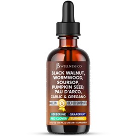 Wormwood Black Walnut Cleanse for Humans Drops Liquid Soursop Garlic Pumpkin Seed PAU D'Arco Oil of Oregano Turmeric Berberine Neem Extract Hull Bark Tincture - 2 oz
