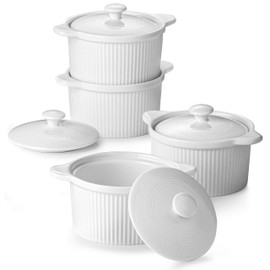 DOWAN Ramekins with Lids 7 oz Oven Safe, Porcelain White Ramekins with Handles for Creme Brulee, Souffle Dish, Soup, Ramekins set with Cover for Baking, Set of 4, White