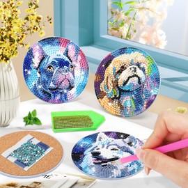 BOWETILE 8PCS Dog Diamond Art Painting Coasters Kit with Holder, Starry Night Dog Diamond Art Kits for Adults, DIY Funny Drinks Coasters with Cork, Arts and Crafts Kits for Home Table Decor