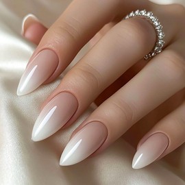 RUOKEXIN Almond Press on Nails Medium Fake Nails Ombre False Nails with Designs Full Cover Glue on Nails Glossy Artificial Nails Cute Stick on Nails for Women 24Pcs