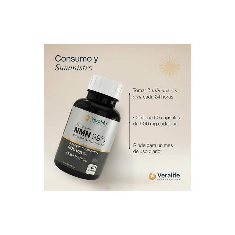 NMN Beta Nicotinamida Mononucleotida 99% | Resveratrol, Suplemento Alimenticio| 60