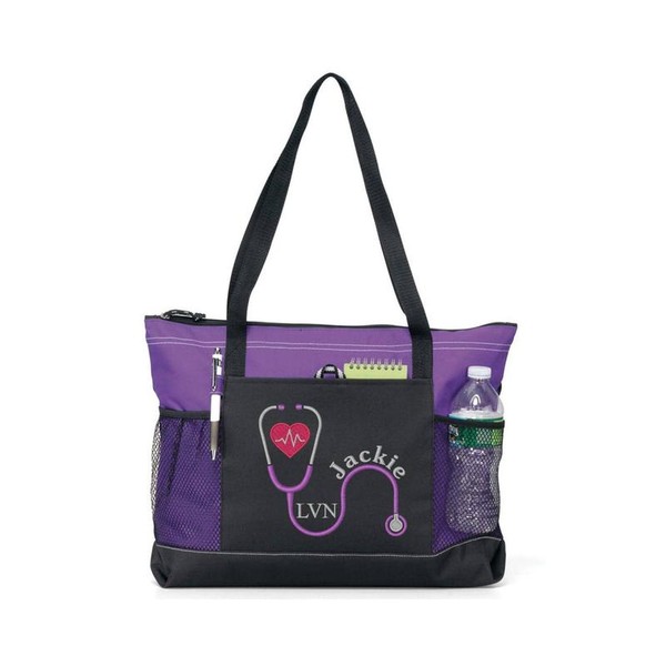 Embroidered Nurses Tote Bag with Stethoscope Design - color: Purple,