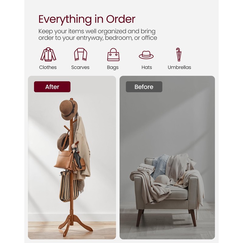 VASAGLE Solid Wood Coat Rack, Free Standing Tree-Shaped Coat Rack