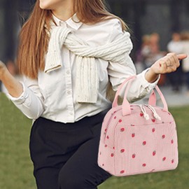 LEDAOU Insulated Lunch Box Women Reusable Lunch Bag Cord Lunch Tote Handbags Leakproof Thermal Cooler Lunch Case Large Capacity (Strawberry Pink)