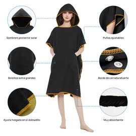 Surf Poncho Bata Cambiador con Capucha，Toalla cambiador absorbente de microfibra de secado rápido con bolsillo para surfistas hombres mujeres (negro)