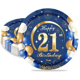 MORAINJAY 16Pcs Birthday Plates for 21,Navy Blue 7inch Paper Plates for 21st Birthday Party, Small Paper Plates for Men Women Her Him,Birthday Party Supplies Table Decor