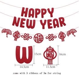 Chinese New Years Party Decoration Banner,Red Happy New Year Banner Bunting Sign and Chinese Character "fu" Knot Lantern Pendant Banner for 2023 Chinese Spring Festival Hanging Ornaments