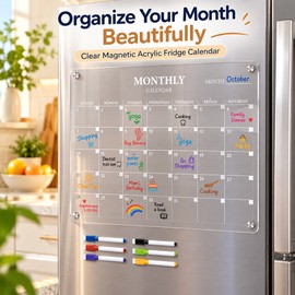 Magnetic Acrylic Fridge Calendar – Clear Dry Erase Monthly Planner for Refrigerator, Reusable Family Schedule & Kitchen Organizer with Marker Pen, 11.81 × 7.87 Inch