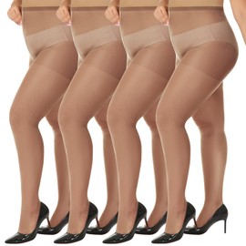 MANZI 4 Pairs Plus Size Pantyhose for Women 20 Denier Sheer Stocking, Brown 2X-Large