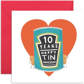 Old English Co. Happy 10th Wedding Anniversary Greeting Card - Tin Wedding Anniversary Card for Married Couple, Spouse, Wife, Husband - Tin Can Married Ten Years | Blank Inside Envelope