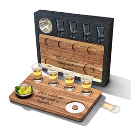 USEEKRIL Dual-Side Tequila Shot Board Set with 4PCS Shot Glass,Acacia Wood Shot Glass Bar Tray with Salt Rim, Back Side for Margarita Salt Rimmer, Ideal Tequila Gifts for Men,Housewarming,Parties,Bar