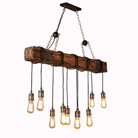 TFCFL Rustic Wood Art Chandelier Ceiling Light - Retro Vintage Style Home LED Hanging Lamp, 9-Heads Height Adjustable Pendant Fixture for Kitchen Bar Living Room Dining Room