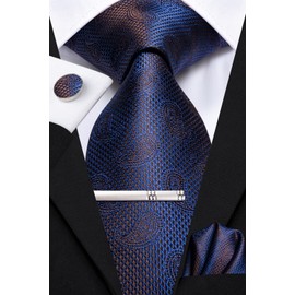 Hi-Tie Blue Paisley Silk Ties for Men Pocket Square and Tie Clip Cufflinks Formal Necktie Sets for Wedding Party