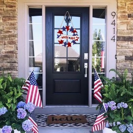 80UncleKimby 4th/Fourth of July Decorations Welcome Wreath for Front Door - Wooden Red White and Blue Star Sign, Patriotic Memorial Day Porch Home Wall Outside Decor