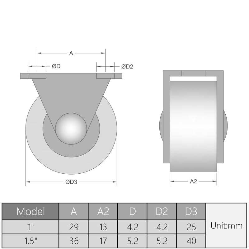 MroMax 0.98 Inch Fixed Casters Wheels Rubber Top Plate Mounted