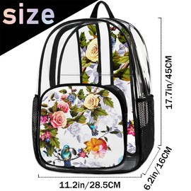 bisibuy Retro Flowers Birds Clear Backpack Stadium Approved Heavy Duty PVC Transparent Backpacks Large See Through Bag for Work Travel Sports Events Concerts