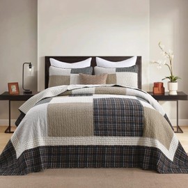 Finlonte Oversized King Bedspread 128"x120" - 100% Cotton Plaid California King Bedspreads Coverlet Set, Farmhouse Patchwork Lightweight Reversible Oversized King Quilt, Brown/Beige/Gray/Black, 3 Pcs
