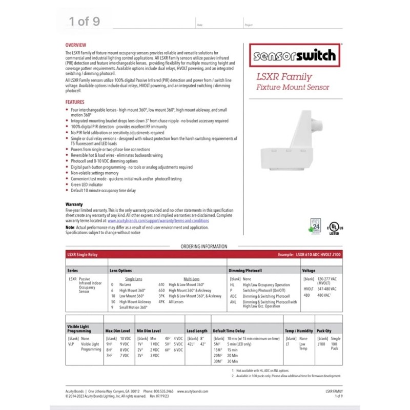 Sensor Switch LSXR 10 HL 120-277V Occupancy Sensor Fixture Mount