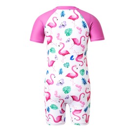 PATPAT Rashguard Swimwear for Girls Short Sleeve One Piece Zipper Swimsuit Flamingo Swimsuit Beachwear, Purple Flamingo, 9-10 Years