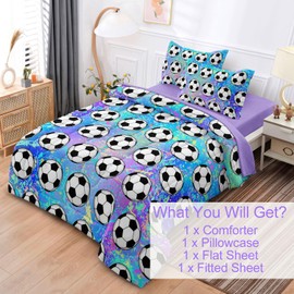 Leaflin 4 Piece Girls Soccer Bedding Set Twin Size Colorful Soccer Comforter Set for Teen Girls Kids Bed in a Bag Set with Sheets Twin Bed Sets for Teenage