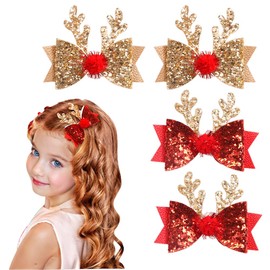 MEEKEST 4PCS Christmas Hair Bows for Girls, Christmas Hair Accessories Reindeer Antlers Ears Hair Clips Glitter Hair Barrettes Cute Bow Ties Hair Pins Christmas Party Cosplay Gift (Gold & Red)