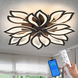 haodengshi Modern LED Ceiling Light Fixture Dimmable, 28" Black Modern Flower Ceiling Light with Remote Control, Low Profile Flush Mount Ceiling Light Fixtures for Bedroom, Kitchen, Living Room