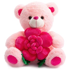 BEJOY Teddy Bear Stuffed Animals Plush Bear Holding Rose Soft Plush Toy Gifts 16 inches Pink