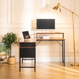 FurnitureR FurnitureR L Shaped Computer Desk Reversible, Corner Desk with Storage Bag, Home Office Desk Writing L Table 48.8 Inch Computer Desk with Shelf, Without LED, Brown
