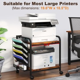 EasyCom Large Printer Stand with File Holder Organizer, Adjustable Height Shelf with Wheels, Rolling Printer Cart with Storage for Printer Scanner Fax Home Office Use Rustic Brown
