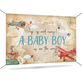 Mocsicka Airplane Boy Baby Shower Backdrop World Map Adventure Baby Shower Banner Background Airplane Travel Baby Boy on the Way Baby Shower Decorations