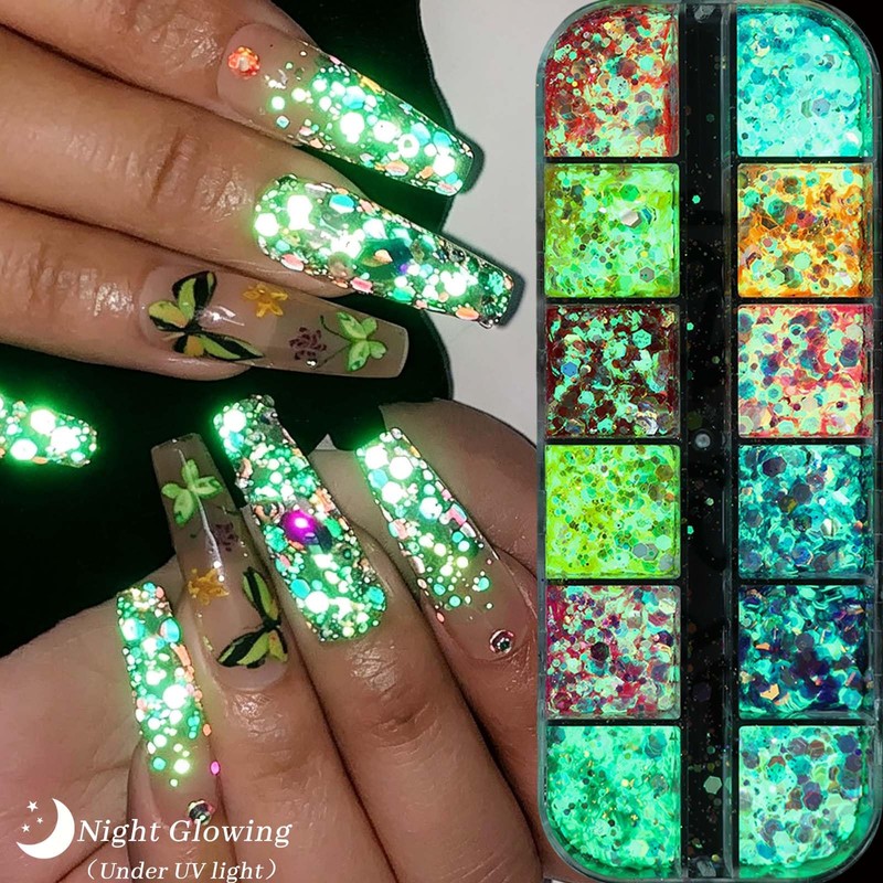 Fluorescent Nail Glitter Sequins Set for Gel Nails, Halloween Flakes