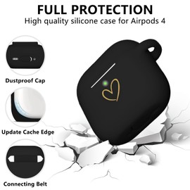 AIIEKZ Compatible with AirPods 4 Case Cover 2024, Soft Silicone Case with Gold Heart Pattern for AirPods 4th Generation Case with Rhinestone Studded Letter A-Z Keychain (K Black)