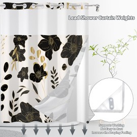 Yanutan No Hook Shower Curtain,Black Flower Double-Layered Shower Curtain with Snap-in Liner and Weights,Fabric Bath Curtain with See Through Mesh, 71x74in