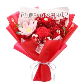 Crochet Rose Flower Bouquet, Handmade Artificial Crochet Flower Bouquet for Holiday, Wedding, Graduation, Anniversary, Birthday, Home Decoration (Red)