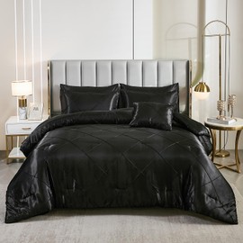 Bedbay Satin Comforter Set,Black King Size Comforter Set with Sheets,8 Pcs Geometric Pleat Bed Set,Silky Smooth Soft Bedding Set with Comforter,Flat Sheet,Fitted Sheet,Pillowcases,Cushion Cover