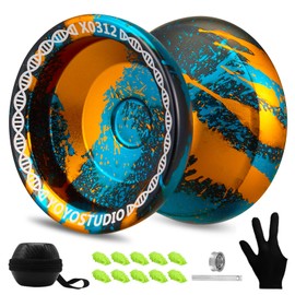 YOYOSTUDIO X0312 Unresponsive Finger Spin Yoyo Professional, Responsive Yoyo for Adults Kids 8-12, Trick Yoyo Professional with Yo Yo Bearing Kit, 10 Yo-Yo Strings, Case & Glove (Black Gold Blue)